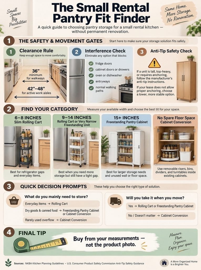 Small rental kitchen pantry storage options shown in the Pantry Fit Finder infographic.